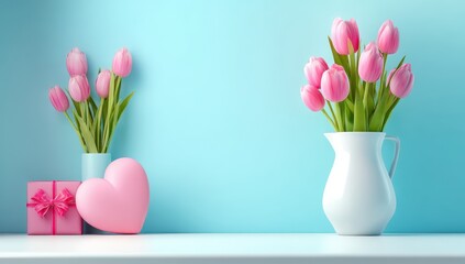 Pink tulips, heart, gift on light blue backdrop