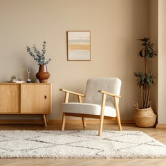 Mid-century modern living room scene featuring a light beige armchair, wooden sideboard, woven basket, abstract artwork, and a patterned rug on light wood flooring
