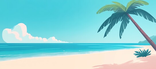 Beautiful Palm Tree on a Tropical Island Beach with Blue Sky, White Clouds, and Turquoise Ocean on a Sunny Day in Ultra Wide Format - Summer Holiday
