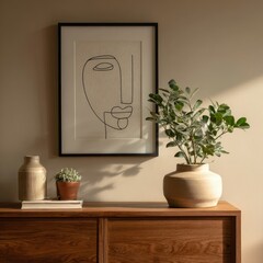 Minimalist line art portrait of a face in a black frame hangs above a mid-century modern dresser, flanked by a potted plant and small succulent.  Warm, natural light illuminates the scene