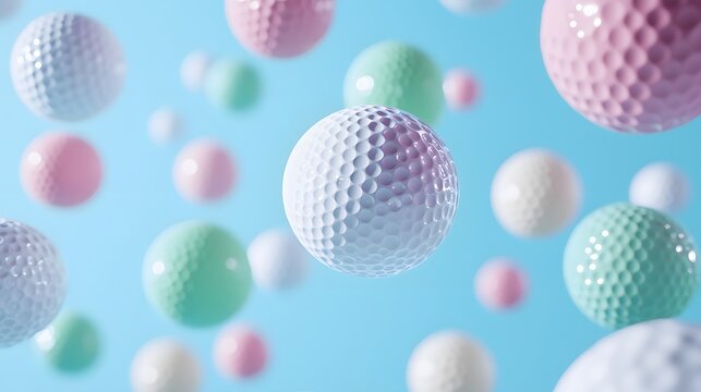 Pastel golf balls in mid-air against a light blue background.