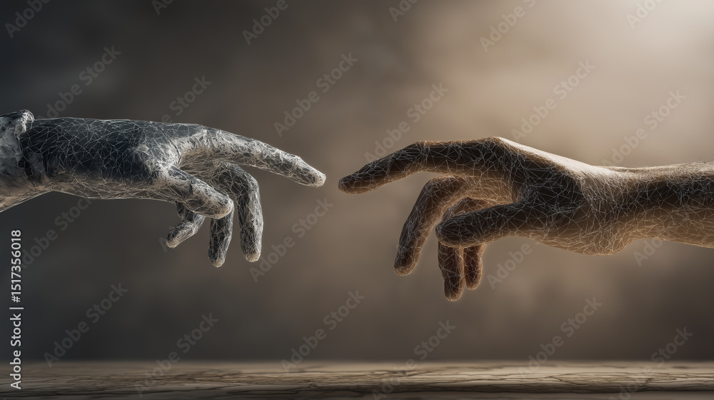 Poster digital representation of a human hand and a robotic hand reaching toward each other in symbolic con