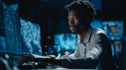 Focused IT professional analyzing data on radar and global network displays in a cybersecurity command center. 
