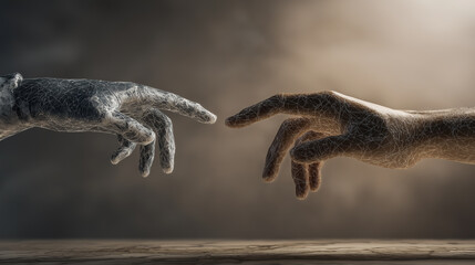 Fototapeta premium Digital representation of a human hand and a robotic hand reaching toward each other in symbolic connection. 