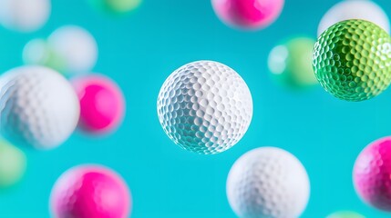 Fototapeta premium Colorful golf balls in mid-air against a teal background.