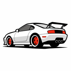 A vector illustration of a modified sports car featuring a prominent rear spoiler, intricate rims, and a streamlined silhouette that exudes dynamic elegance on white background