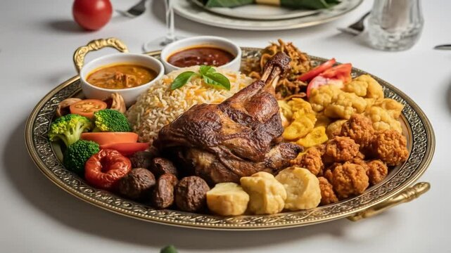 Traditional Malaysian Feast with Roasted Chicken and Rice