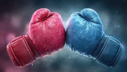 Two boxing gloves, red and blue, clash (1)