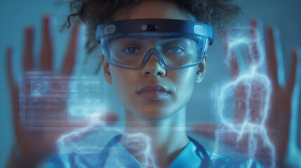 Female medical professional analyzing 3D human anatomy data through augmented reality interface. 
