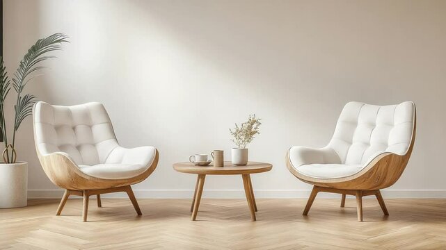 A light-filled room featuring two comfortable, cream-colored armchairs with wooden frames and a small wooden coffee table.  A small potted plant and dried flowers add natural elements