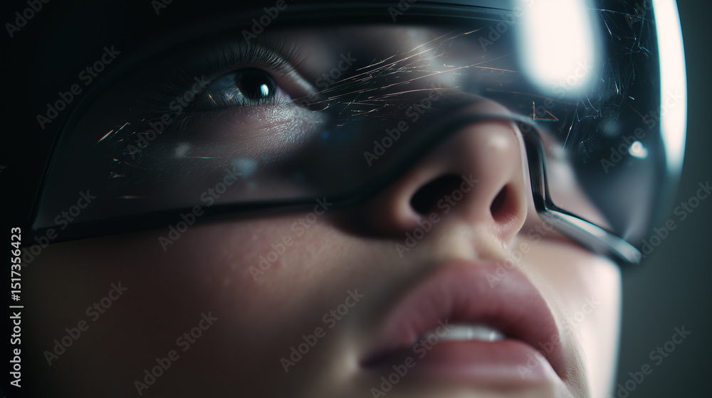 Poster close-up of a futuristic headset reflecting digital data in the eye of a focused user.