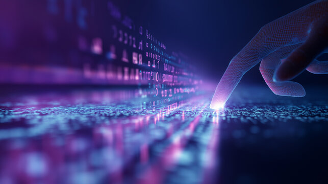 Futuristic digital interface with a hand interacting with glowing data particles on a virtual surface. 
