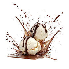 Vanilla ice cream scoops with chocolate sauce splash isolated on transparent background