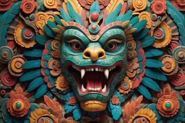 Intricate carved dragon mask, vibrant colors and detailed patterns