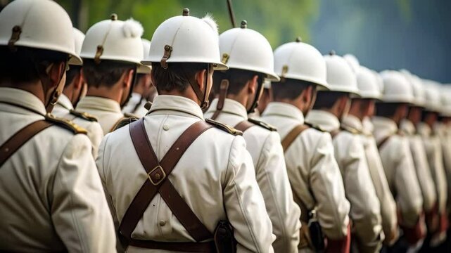 Row of soldiers in white uniforms and helmets stand in formation on a green background during a military drill