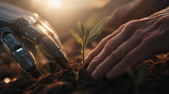 A robotic hand and a human hand together planting a young seedling in soil, symbolizing collaboration between technology and nature. 
