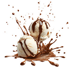 Two scoops vanilla ice cream with chocolate sauce splash isolated on transparent background