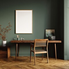 A minimalist home office features a wooden desk and chair against a deep green wall, complemented by a blank framed poster and herringbone wood flooring.  