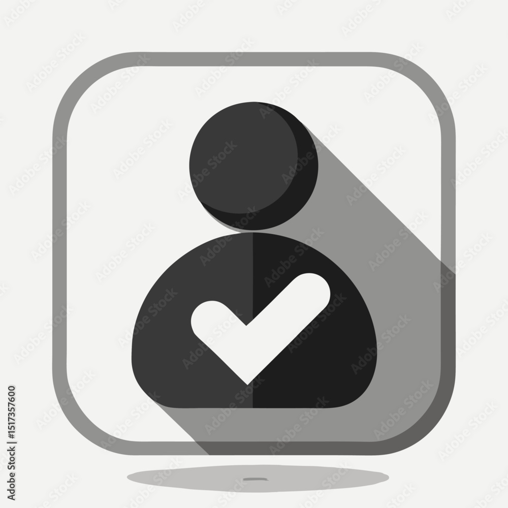 Poster user profile sign web icon with check mark glyph. series buttons, stone style. rounded square shape 