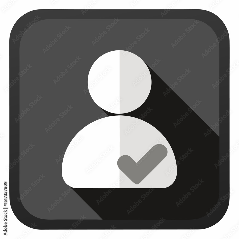 Poster user profile sign web icon with check mark glyph. series buttons, stone style. rounded square shape 