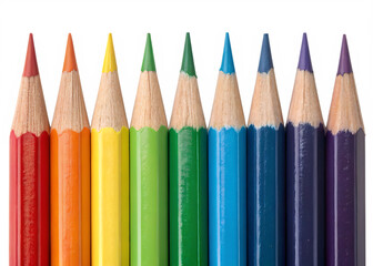Row of Rainbow Colored Pencils Isolated on White