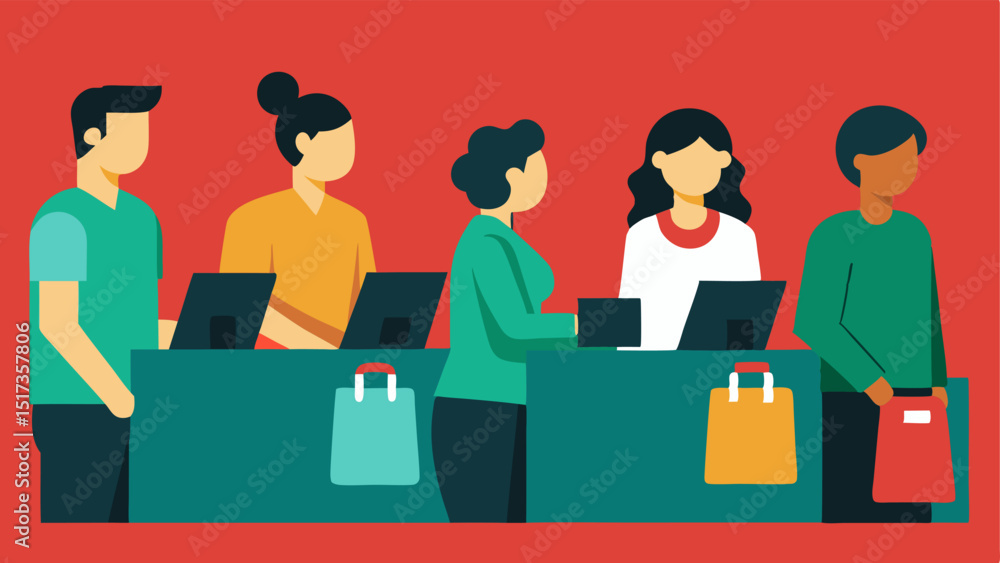 Poster a checkout line at a busy register filled with shoppers each holding items with price tags visibly m