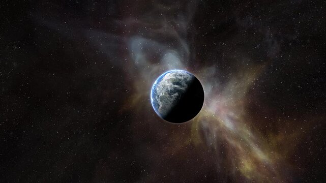 Epic cinematic motion graphic of Earth&rsquo;s sunrise from orbit, showcasing a glowing blue atmosphere, dramatic lighting, twinkling stars, and vibrant colorful nebula clouds in the vast deep cosmos