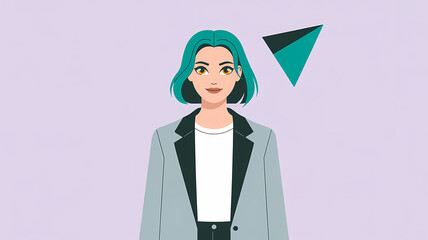 Minimalist Flat Design Portrait of Gen Y Woman with Vibrant Teal Hair and Golden Eyes Wearing Grey Blazer on Pale Lavender Background with Turquoise Triangle