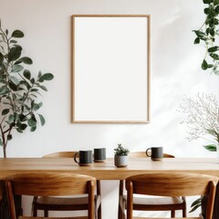 A light-filled room features a minimalist wooden dining table with four mugs, a small potted plant, and two chairs.  