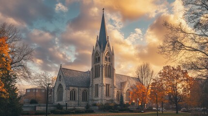 Autumn church, golden hour
