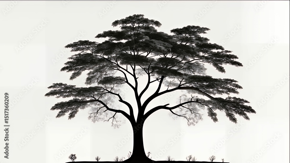 Poster monochrome image presents a large, silhouetted tree with smaller trees on the horizon below it.