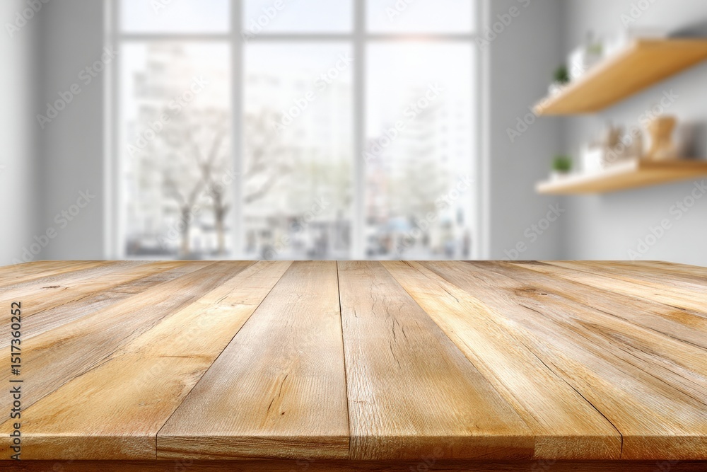 Poster wooden table positioned in a bright interior, featuring a blurred background, perfect for showcasing