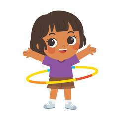 Happy little girl play hula-hoop. Happy kid doing gymnastics exercise.