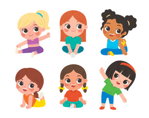 Healthy sport activity. Children exercising yoga. Kids in asana and gym poses. Stretching exercise lesson for kids.