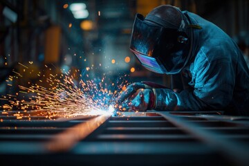 Welder using welding machine creating sparks while working on steel structure in industrial environment