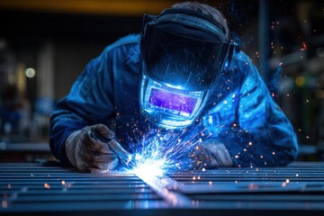 Welder using a welding torch on a metal structure, producing bright sparks in a factory setting