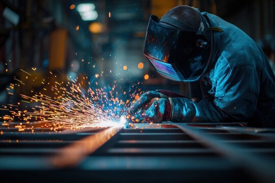 Welder using welding machine creating sparks while working on steel structure in industrial environment