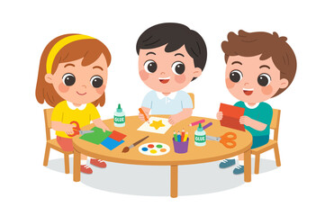 Preschool Kids Doing Creative Art Activities Together. Children Making Paper Crafts with Glue and Scissors. Art Class for Children with Colored Paper and Supplies.