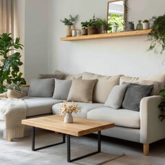 Modern living room with beige sectional sofa, numerous neutral-toned throw pillows, wooden coffee table, floating shelf with plants and decor, and a light beige rug