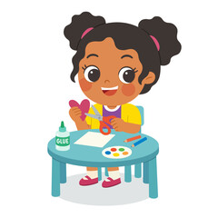 Kid Making Paper Craft with Scissors and Glue. Child Cutting Paper Heart in Art Class Activity. Preschool Boy Enjoying Arts and Crafts at Desk. Kids Creativity,  Education Concept.