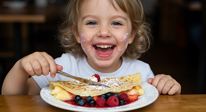 Naklejki Joyful Toddler Enjoying Delicious Berry Crepe Breakfast