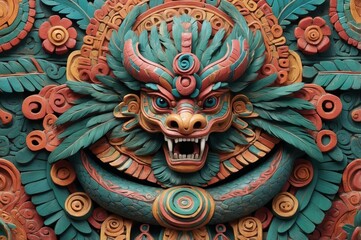 Fototapeta premium A vibrant, intricately carved dragon's head, surrounded by swirling patterns and floral motifs, in a richly colored relief