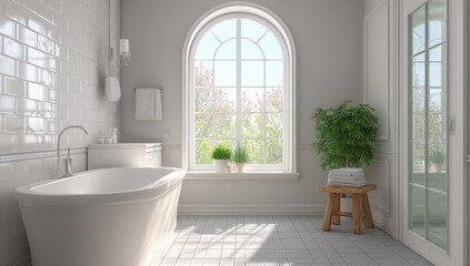 Light-filled, white bathroom with soaking tub and arched window