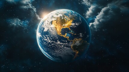 Fototapeta premium A breathtaking view of Earth from space glowing with city lights and shrouded in clouds with starry