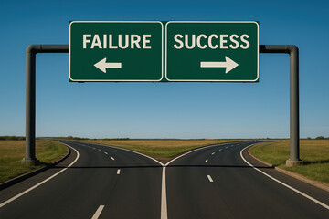 Fork junction traffic sign with crossroads spliting in two ways, choose Failure or Success road the correct way