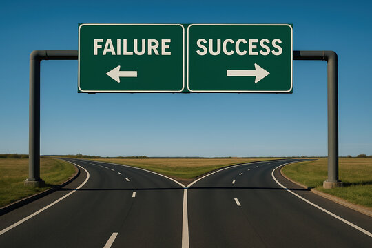 Fork junction traffic sign with crossroads spliting in two ways, choose Failure or Success road the correct way