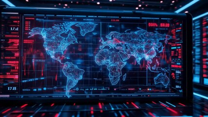 Futuristic World Map Displayed on a Digital Tablet with Data Visualization - Powered by Adobe