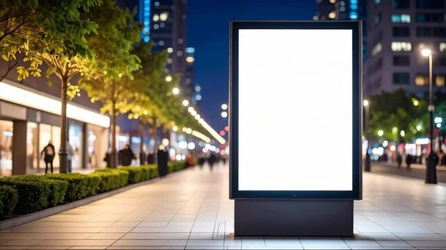 Blank advertising display with empty white billboard on city street at night. Pedestrians and buildings in background. Ready for your message.