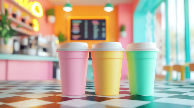 coffee shop branding scene with colorful pastel cups, retro-style logo, neon signage, menu board mockups, checkerboard floor, 80s cafe theme, energetic and bold layout.