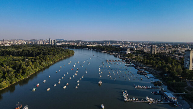Aerial View of Moored Boats on the Sava River